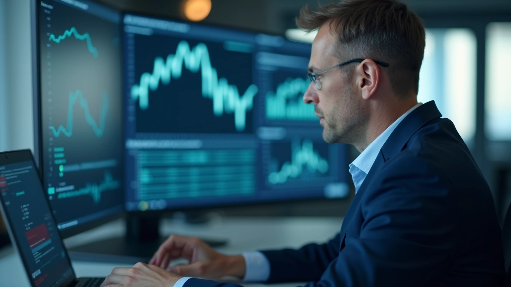Finanzanalyst am Schreibtisch mit Computern und Datenanalyse