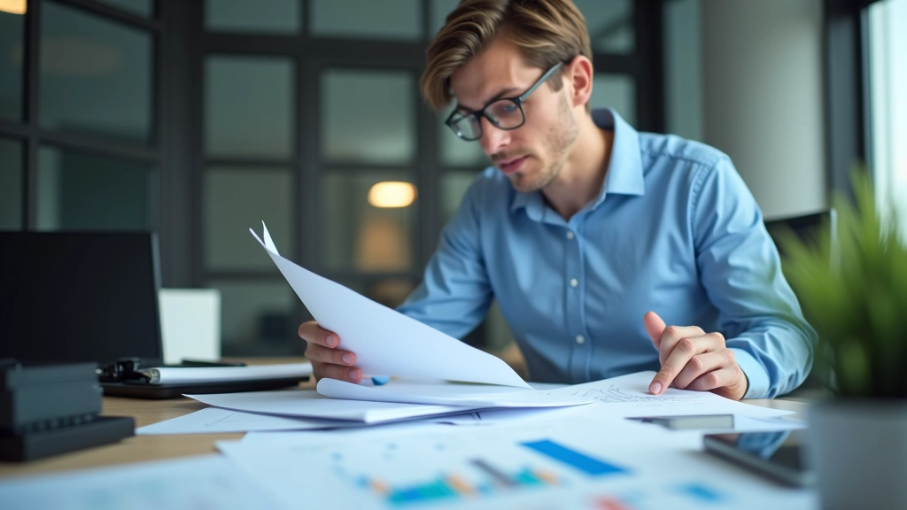 Finanzanalyst bei der Überprüfung von Bankleistungskennzahlen und Regulierungsdokumenten