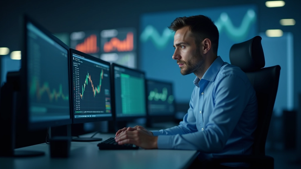 Finanzanalyst überwacht Echtzeit-Marktdaten auf mehreren Bildschirmen in Kontrollzentrum