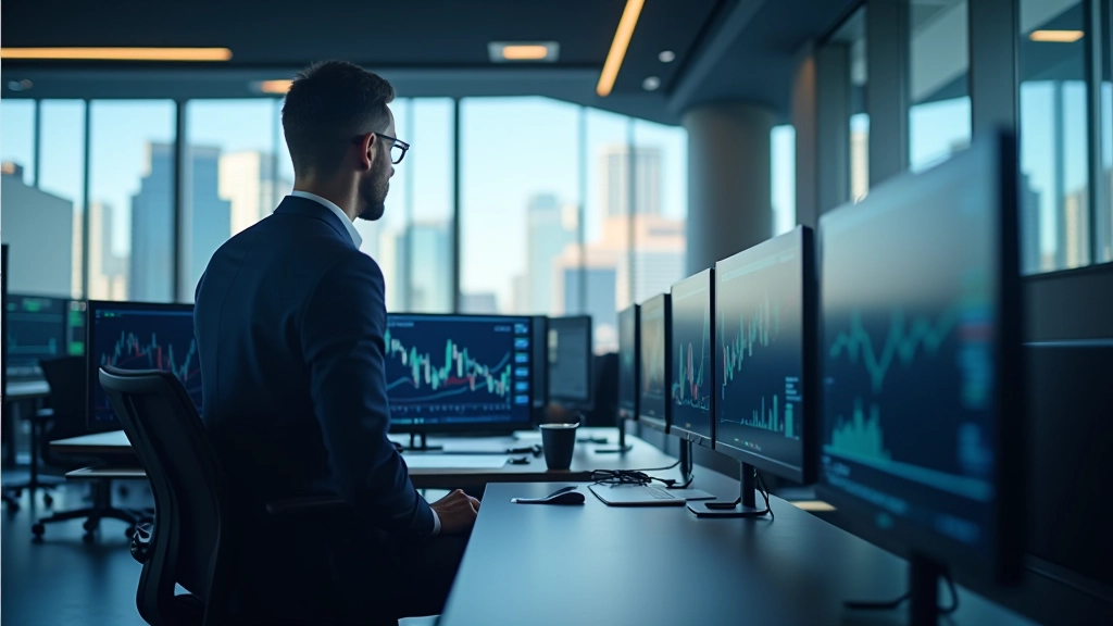 Modernes Finanzinstitut mit Handelsbildschirmen und Analysearbeitsplätzen