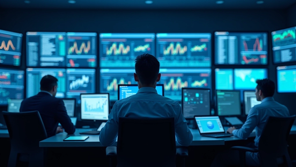 Überwachungszentrale mit mehreren Monitoren, die Echtzeit-Marktdaten und Risikoanalysen anzeigen